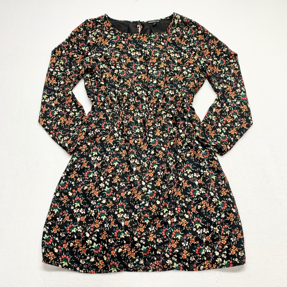 J.Crew‎ Mercantile Floral Long Sleeve Mini Dress Womens Size 8 Black Multi Boho
